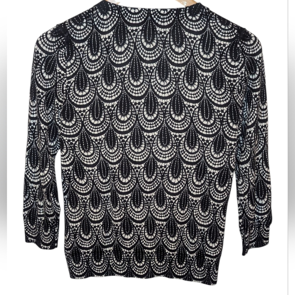 Talbots Cardigan Small Black Ivory 3/4 Sleeve Lightweight Geometric Knit Career - Picture 3 of 7